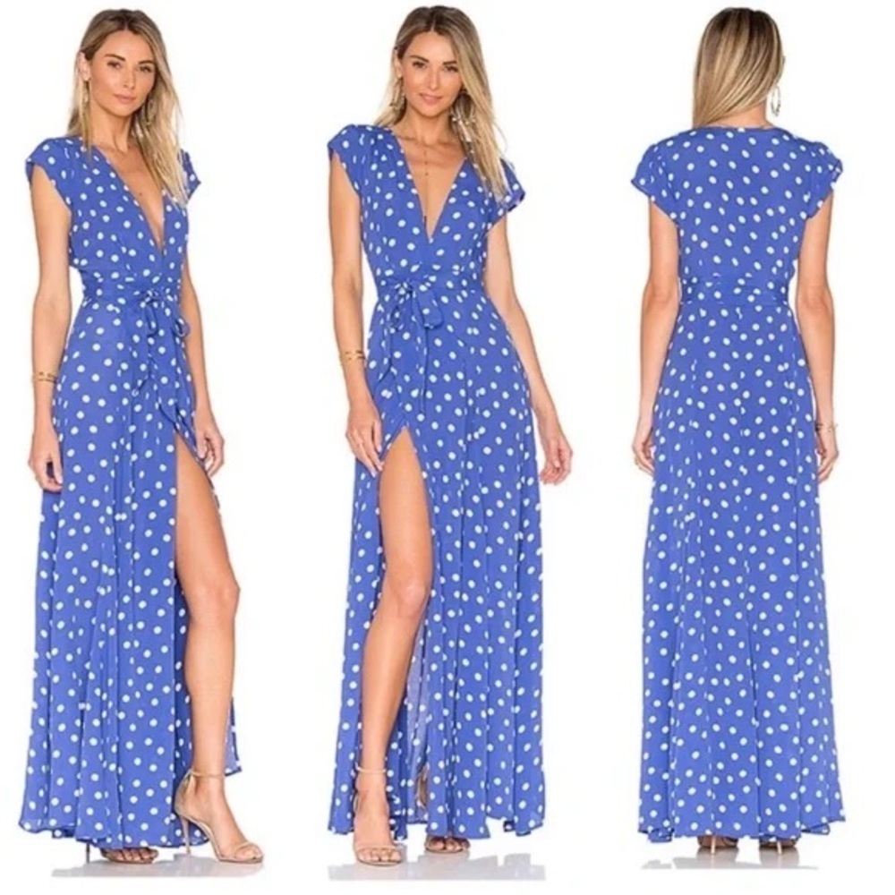 Tularosa Blue and White Polka Dot Maxi Dress